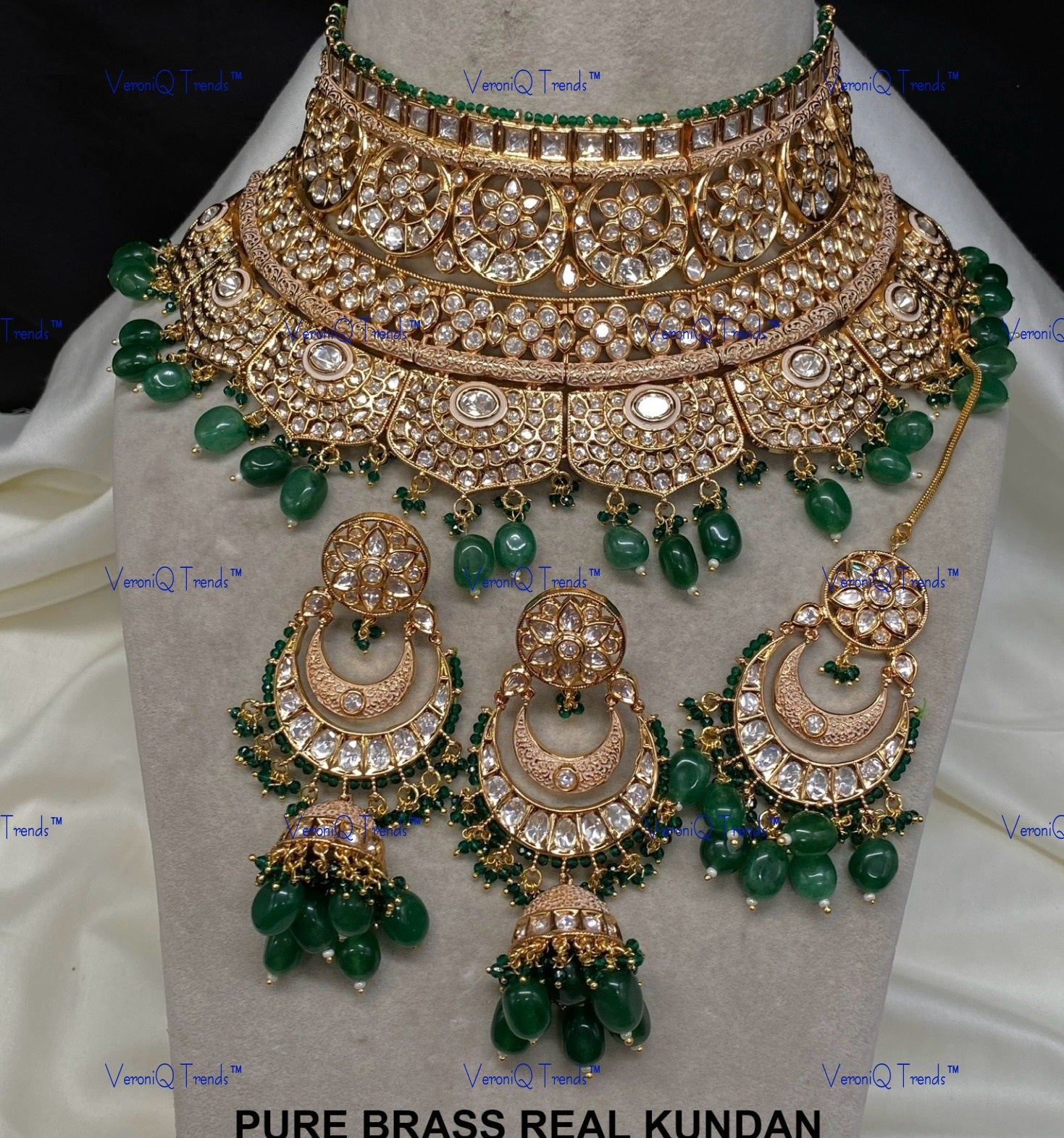 VeroniQ Trends-Bridal Meenakari Gold Plated Emerald Green Beads Kundan Polki Choker Necklace With Chandbali Earrings And Maang Tika Polki-Gold Plated-Wedding Jewellery-Punjabi Jewellery-South Indian-Thappa Jewellery