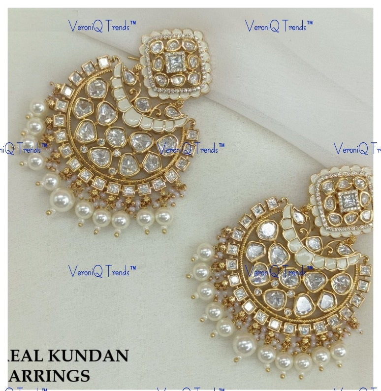 VeroniQ Trends-Traditional Pearl And Kundan Polki Chandbali Earrings Polki-Gold Plated-Wedding Jewellery-Punjabi Jewellery-South Indian-Thappa Jewellery