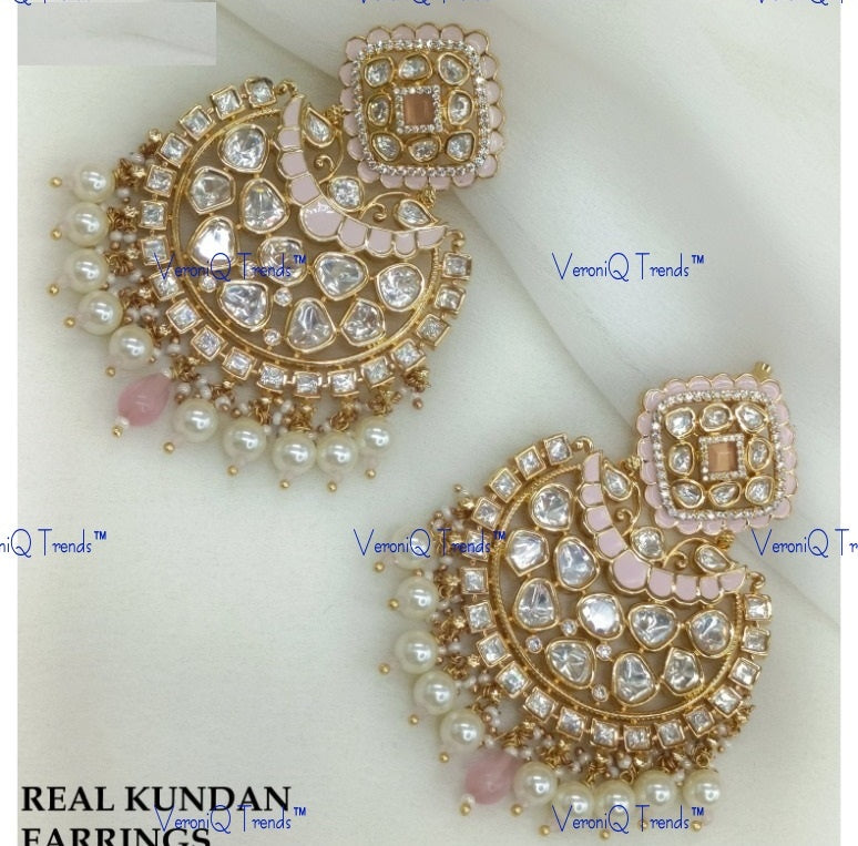 VeroniQ Trends-Traditional Pearl And Kundan Polki Chandbali Earrings Polki-Gold Plated-Wedding Jewellery-Punjabi Jewellery-South Indian-Thappa Jewellery