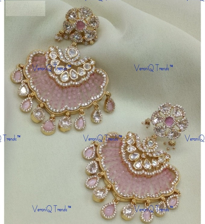 VeroniQ Trends-Traditional Colour Beads And Kundan Polki Earrings Polki-Gold Plated-Wedding Jewellery-Punjabi Jewellery-South Indian-Thappa Jewellery