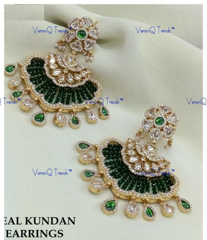 VeroniQ Trends-Traditional Colour Beads And Kundan Polki Earrings Polki-Gold Plated-Wedding Jewellery-Punjabi Jewellery-South Indian-Thappa Jewellery