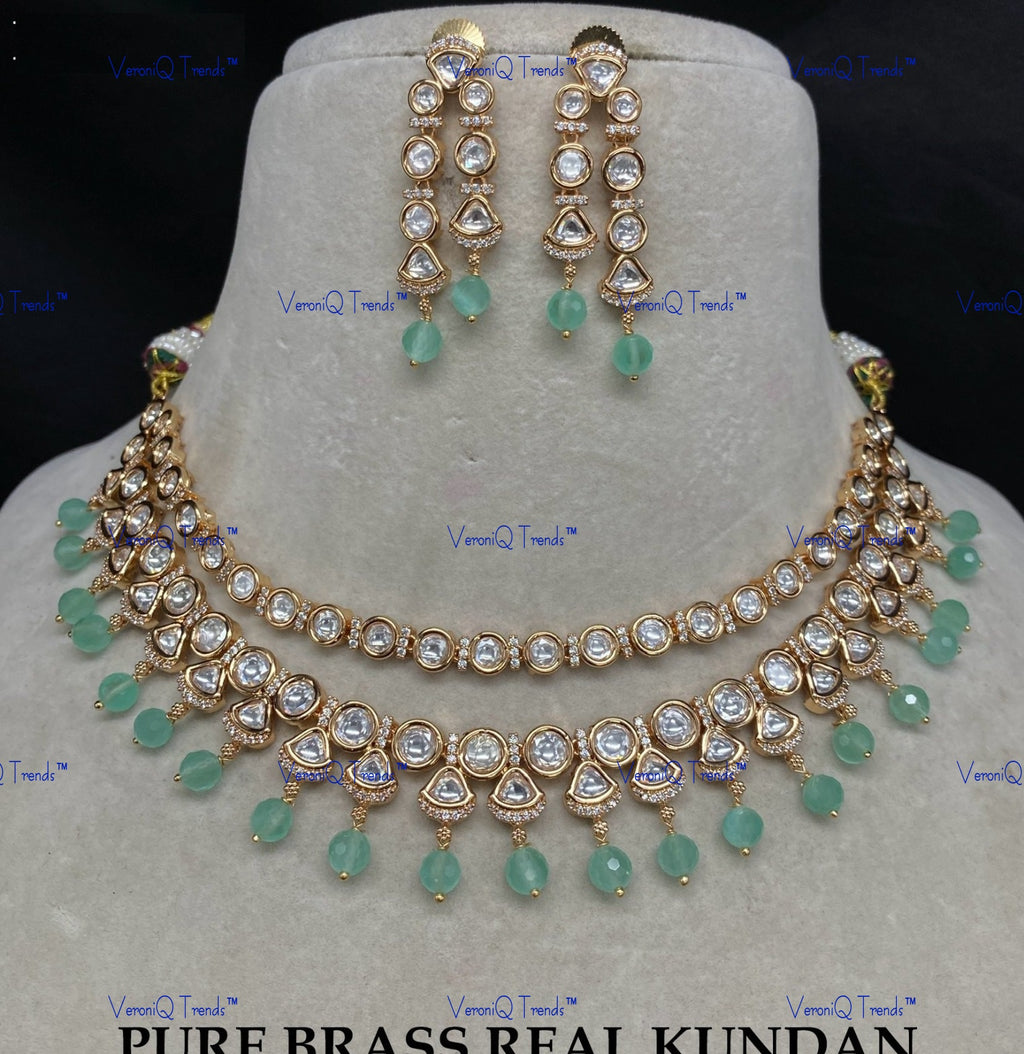 VeroniQ Trends-Double Line Beads And Kundan Polki Necklace Polki-Gold Plated-Wedding Jewellery-Punjabi Jewellery-South Indian-Thappa Jewellery