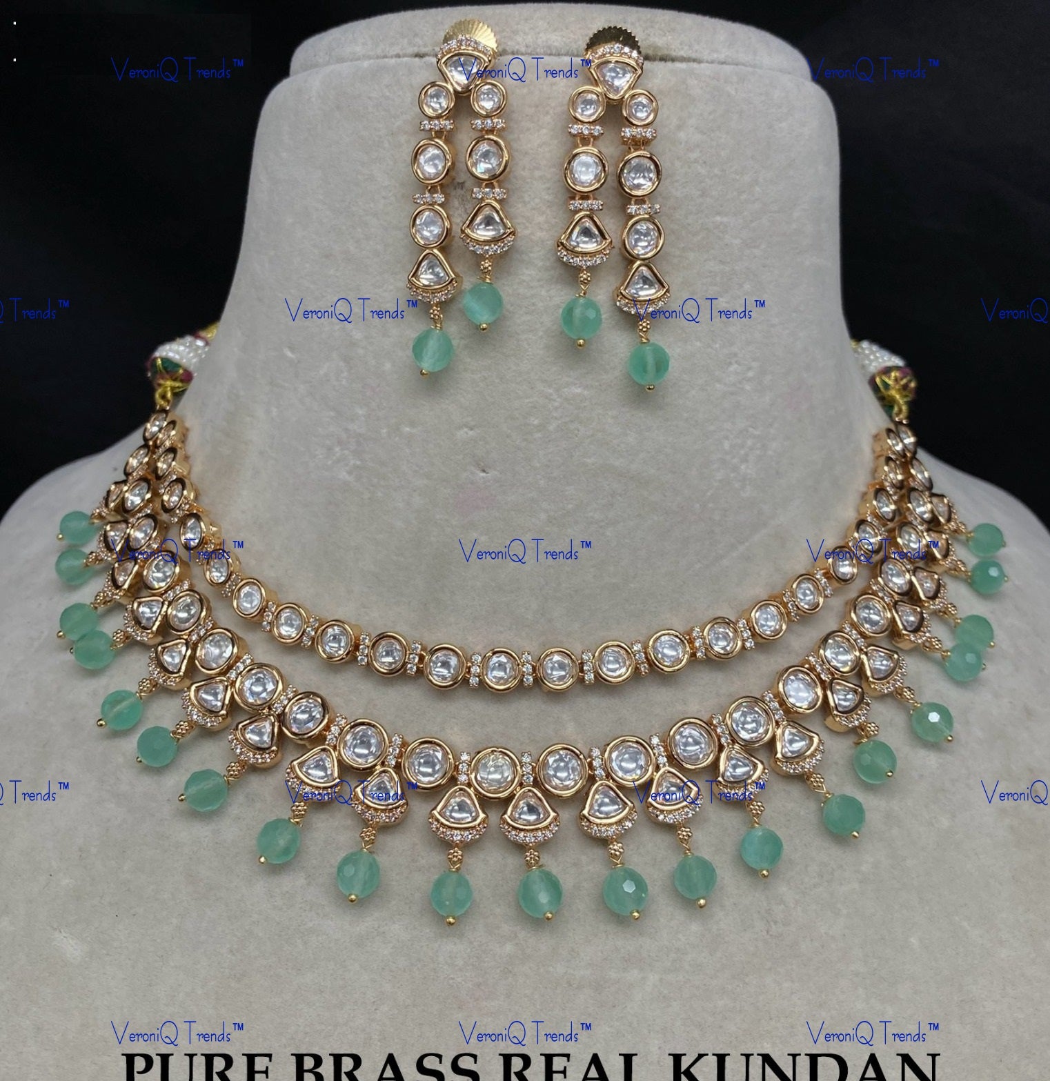 VeroniQ Trends-Double Line Beads And Kundan Polki Necklace Polki-Gold Plated-Wedding Jewellery-Punjabi Jewellery-South Indian-Thappa Jewellery