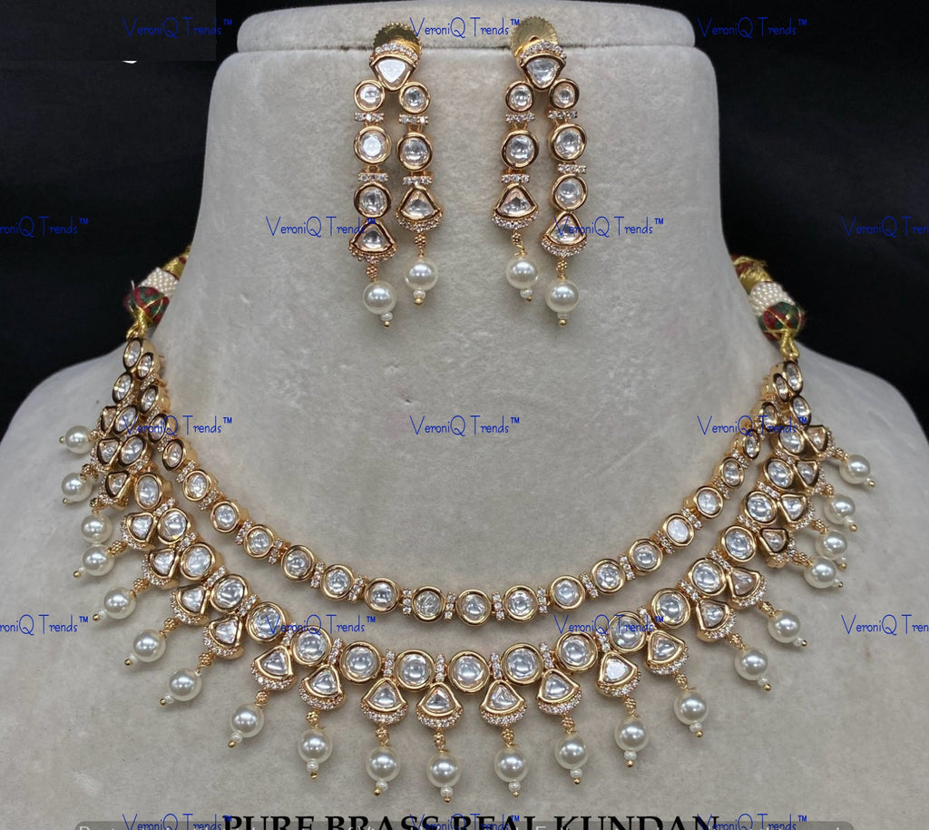 VeroniQ Trends-Double Line Beads And Kundan Polki Necklace Polki-Gold Plated-Wedding Jewellery-Punjabi Jewellery-South Indian-Thappa Jewellery