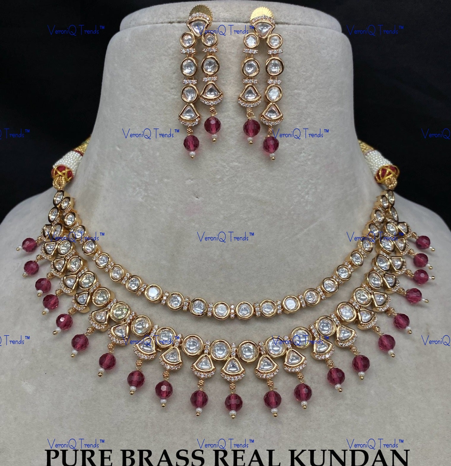 VeroniQ Trends-Double Line Beads And Kundan Polki Necklace Polki-Gold Plated-Wedding Jewellery-Punjabi Jewellery-South Indian-Thappa Jewellery