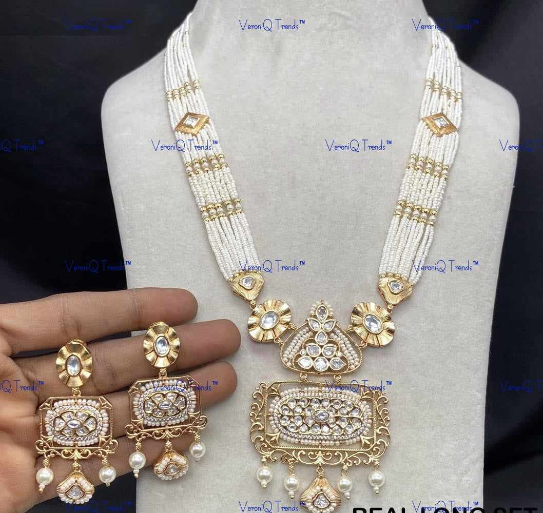 VeroniQ Trends-Multistrand Gold Plated Kundan Polki Long Necklace Polki-Gold Plated-Wedding Jewellery-Punjabi Jewellery-South Indian-Thappa Jewellery