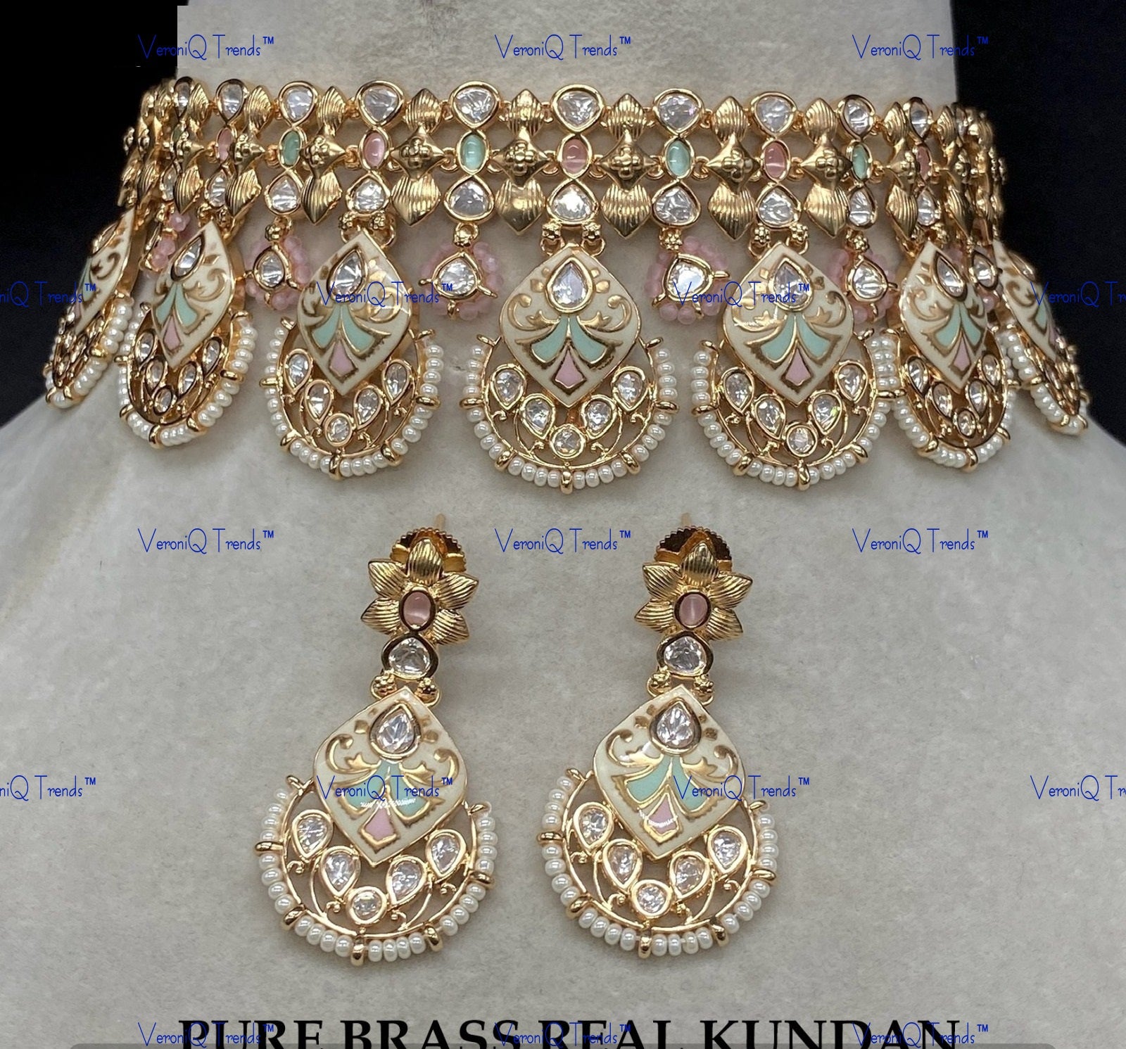 VeroniQ Trends-Traditional Turquoise Blue Gold Plated Kundan Polki Choker Necklace Polki-Gold Plated-Wedding Jewellery-Punjabi Jewellery-South Indian-Thappa Jewellery