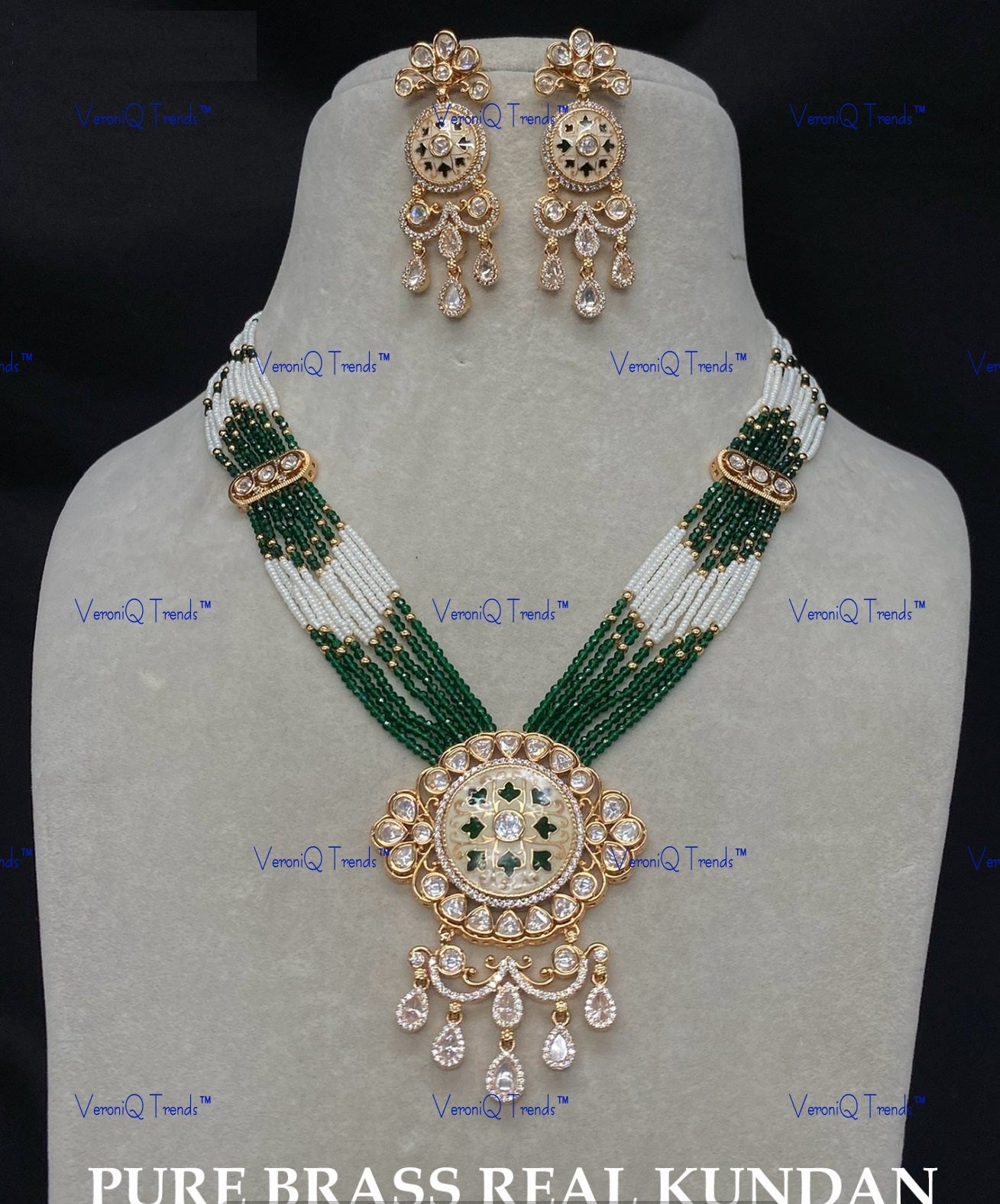 VeroniQ Trends-Traditional Multistrand Kundan Gold Plated Polki Long Necklace Polki-Gold Plated-Wedding Jewellery-Punjabi Jewellery-South Indian-Thappa Jewellery