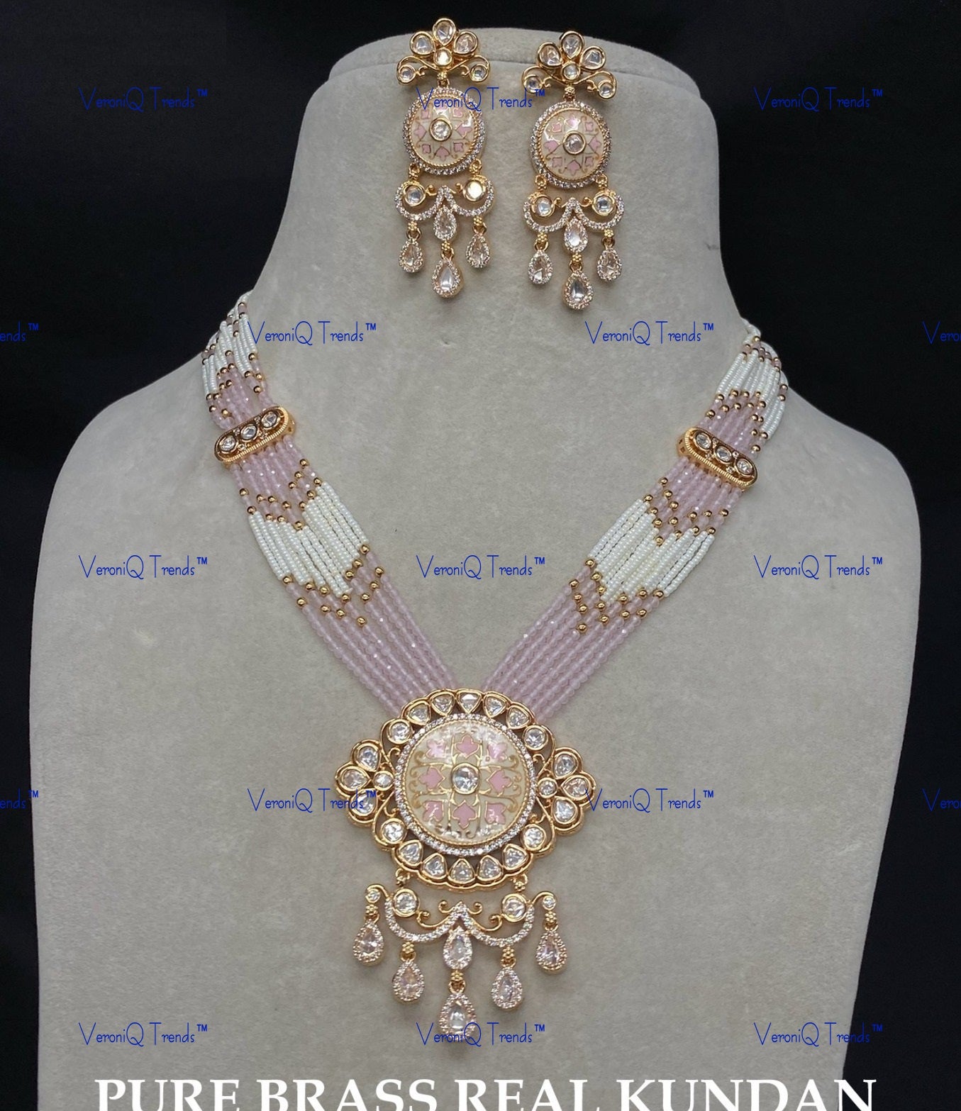 VeroniQ Trends-Traditional Multistrand Kundan Gold Plated Polki Long Necklace Polki-Gold Plated-Wedding Jewellery-Punjabi Jewellery-South Indian-Thappa Jewellery