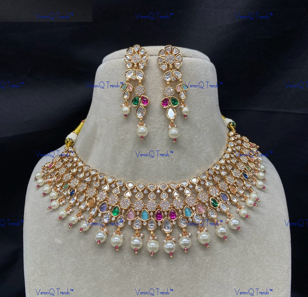 VeroniQ Trends-Traditional Floral Style Gold Plated Pearl And Kundan Polki Necklace Kundan-Gold Plated-Wedding Jewellery-Punjabi Jewellery-South Indian-Thappa Jewellery