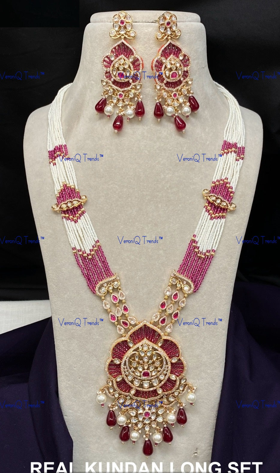 VeroniQ Trends-Multistrand Gold Plated Kundan Polki Long Rani Haar Necklace Polki-Gold Plated-Wedding Jewellery-Punjabi Jewellery-South Indian-Thappa Jewellery