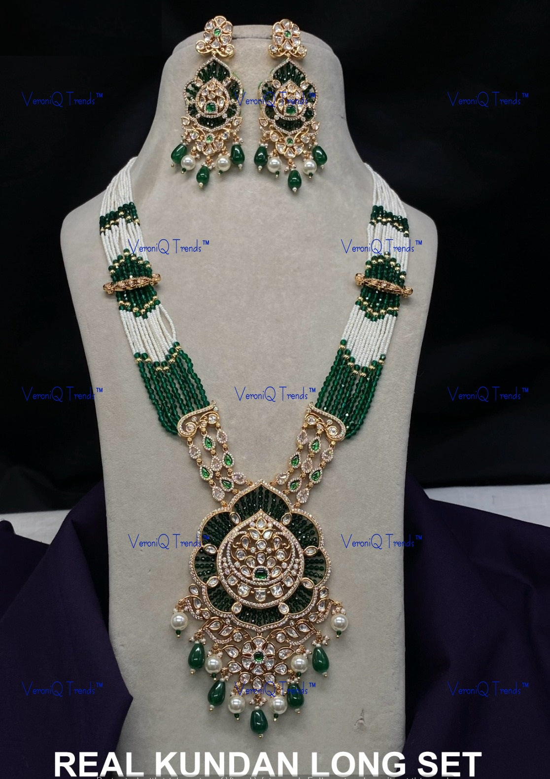 VeroniQ Trends-Multistrand Gold Plated Kundan Polki Long Rani Haar Necklace Polki-Gold Plated-Wedding Jewellery-Punjabi Jewellery-South Indian-Thappa Jewellery