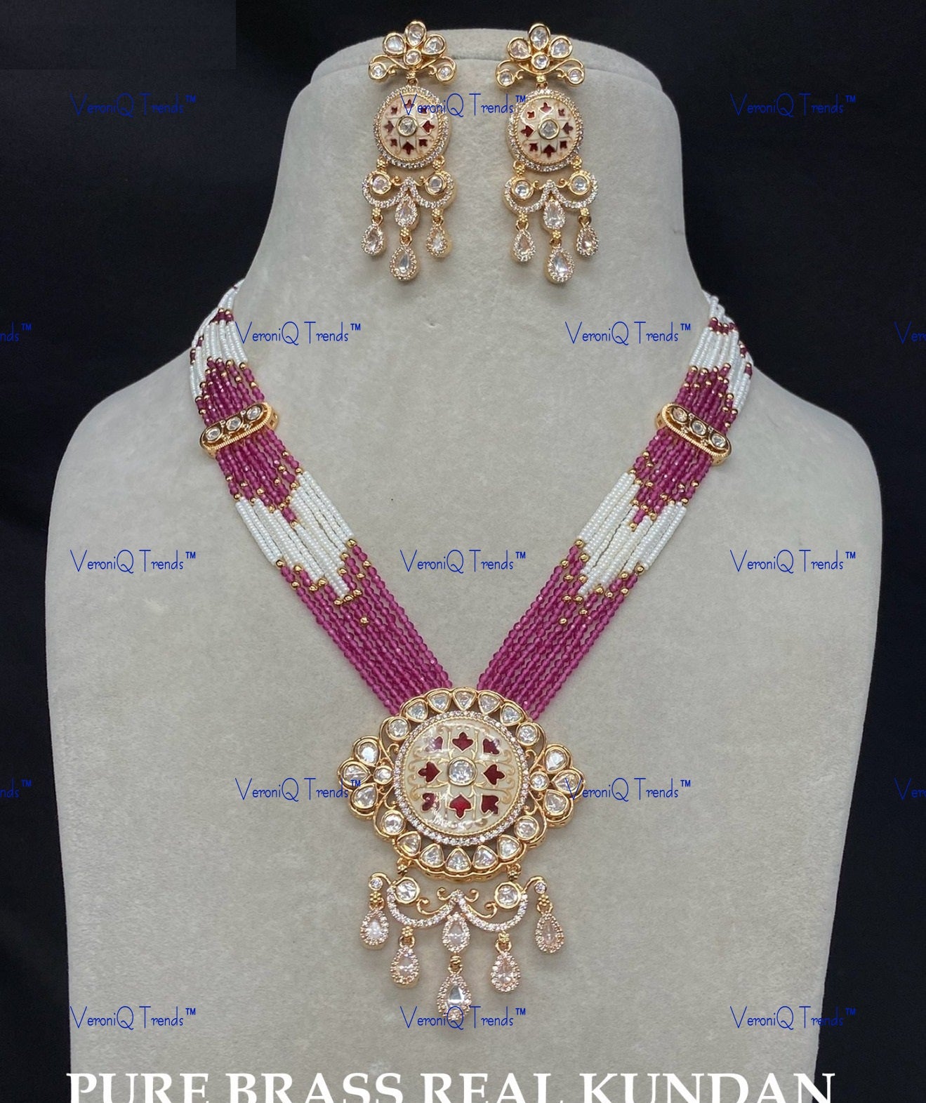 VeroniQ Trends-Traditional Multistrand Kundan Gold Plated Polki Long Necklace Polki-Gold Plated-Wedding Jewellery-Punjabi Jewellery-South Indian-Thappa Jewellery