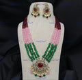 VeroniQ Trends-Multistrand Beaded Ruby Pink Stone Kundan Polki Long Necklace With Elephant Motif Polki-Gold Plated-Wedding Jewellery-Punjabi Jewellery-South Indian-Thappa Jewellery
