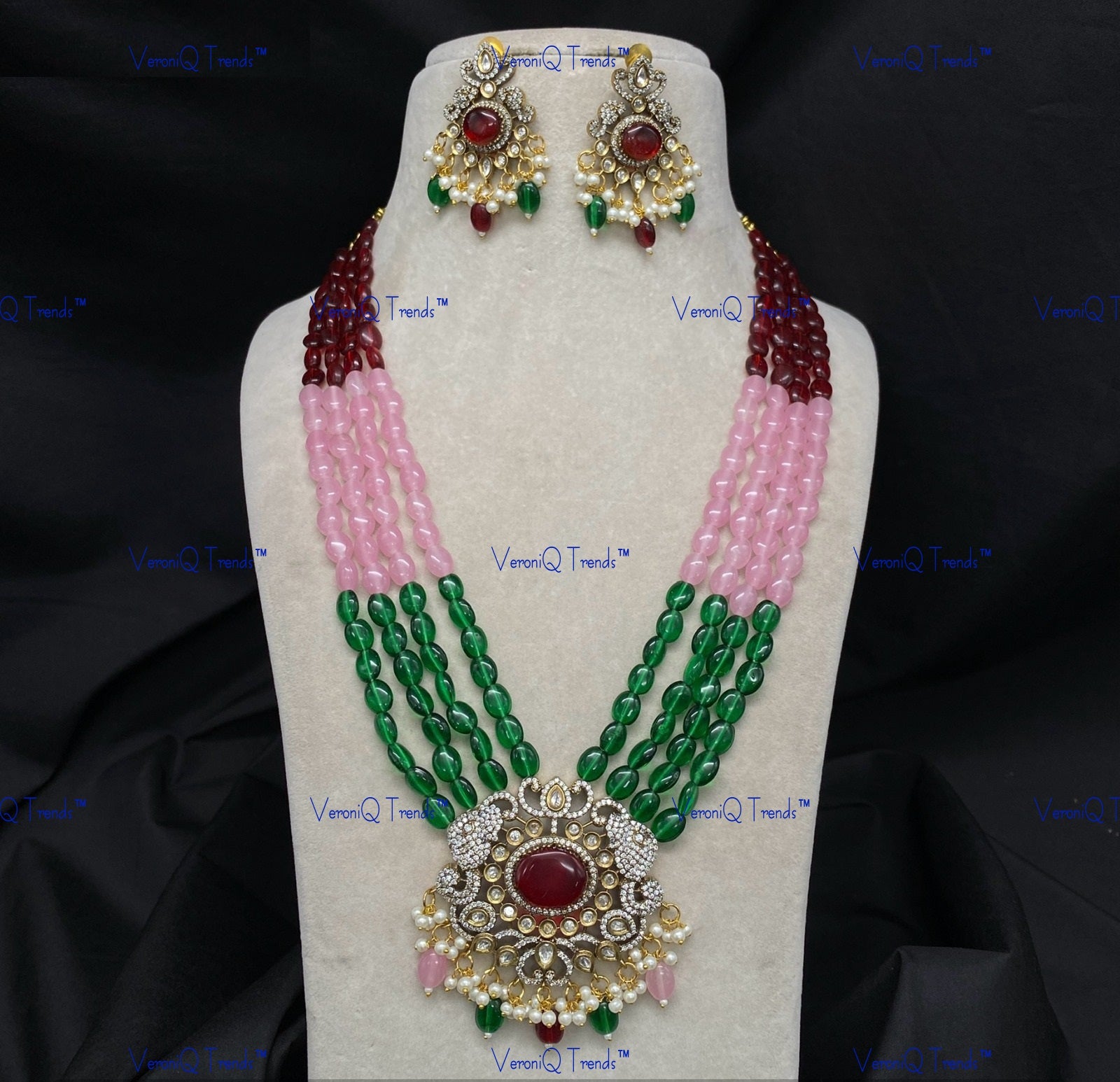 VeroniQ Trends-Multistrand Beaded Ruby Pink Stone Kundan Polki Long Necklace With Elephant Motif Polki-Gold Plated-Wedding Jewellery-Punjabi Jewellery-South Indian-Thappa Jewellery