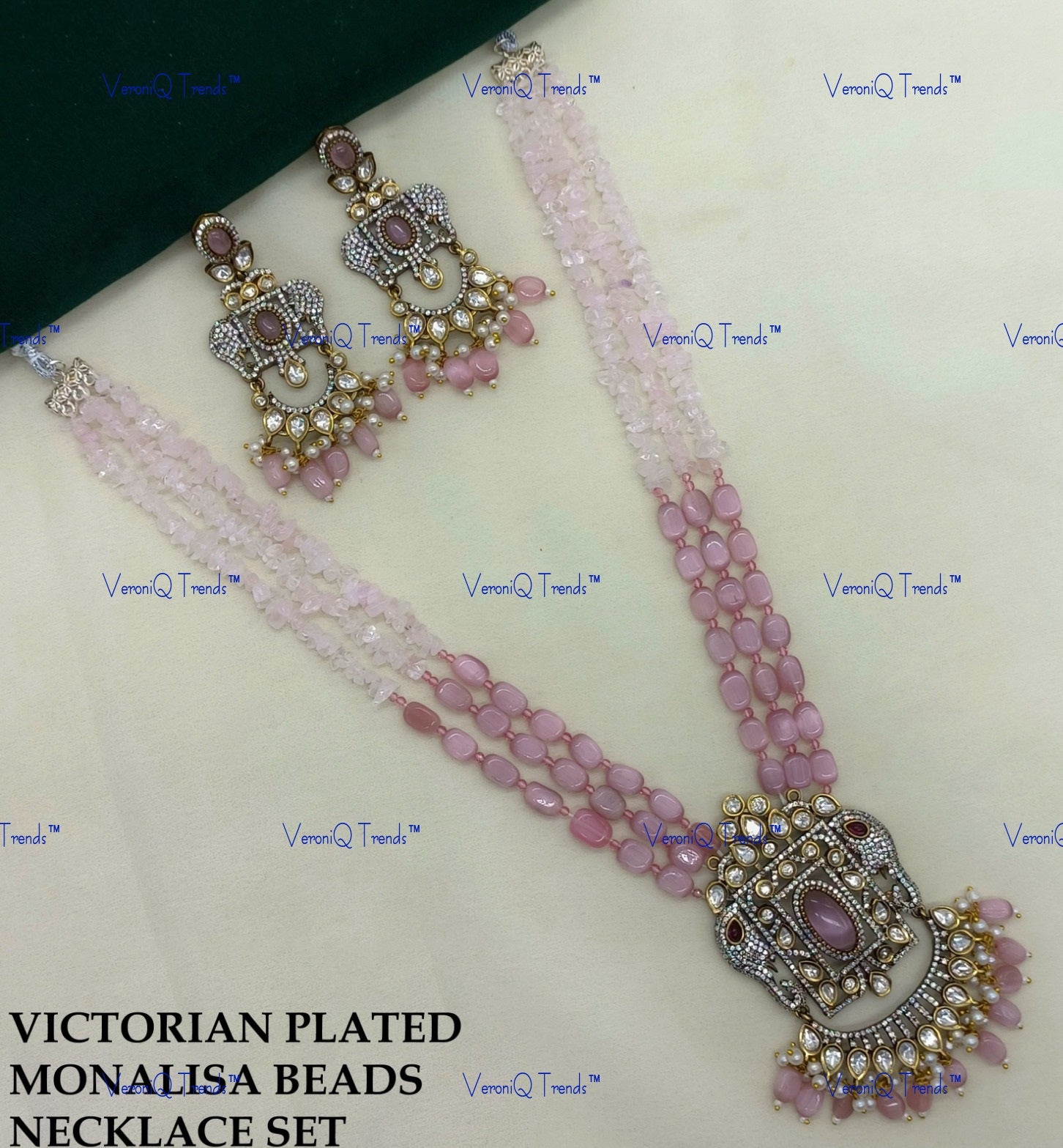 VeroniQ Trends-Victorian Multistrand Monalisa Beads Kundan Polki Long Necklace With Elephant Motif Polki-Gold Plated-Wedding Jewellery-Punjabi Jewellery-South Indian-Thappa Jewellery