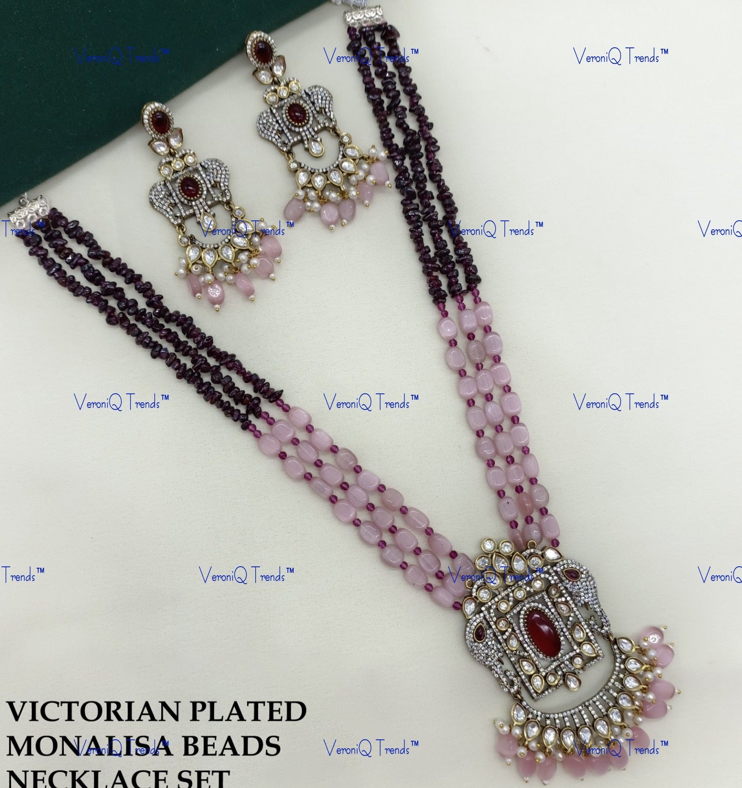 VeroniQ Trends-Victorian Multistrand Monalisa Beads Kundan Polki Long Necklace With Elephant Motif Polki-Gold Plated-Wedding Jewellery-Punjabi Jewellery-South Indian-Thappa Jewellery