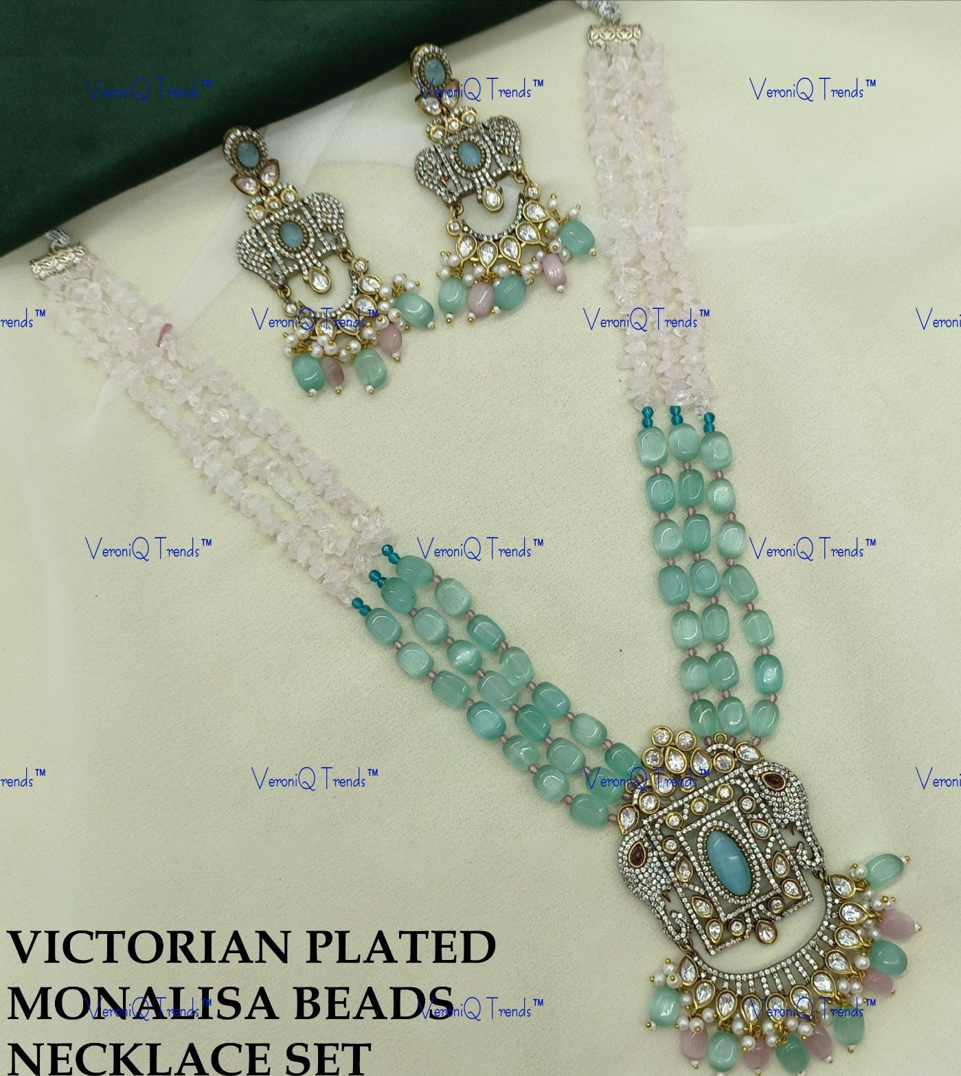 VeroniQ Trends-Victorian Multistrand Monalisa Beads Kundan Polki Long Necklace With Elephant Motif Polki-Gold Plated-Wedding Jewellery-Punjabi Jewellery-South Indian-Thappa Jewellery