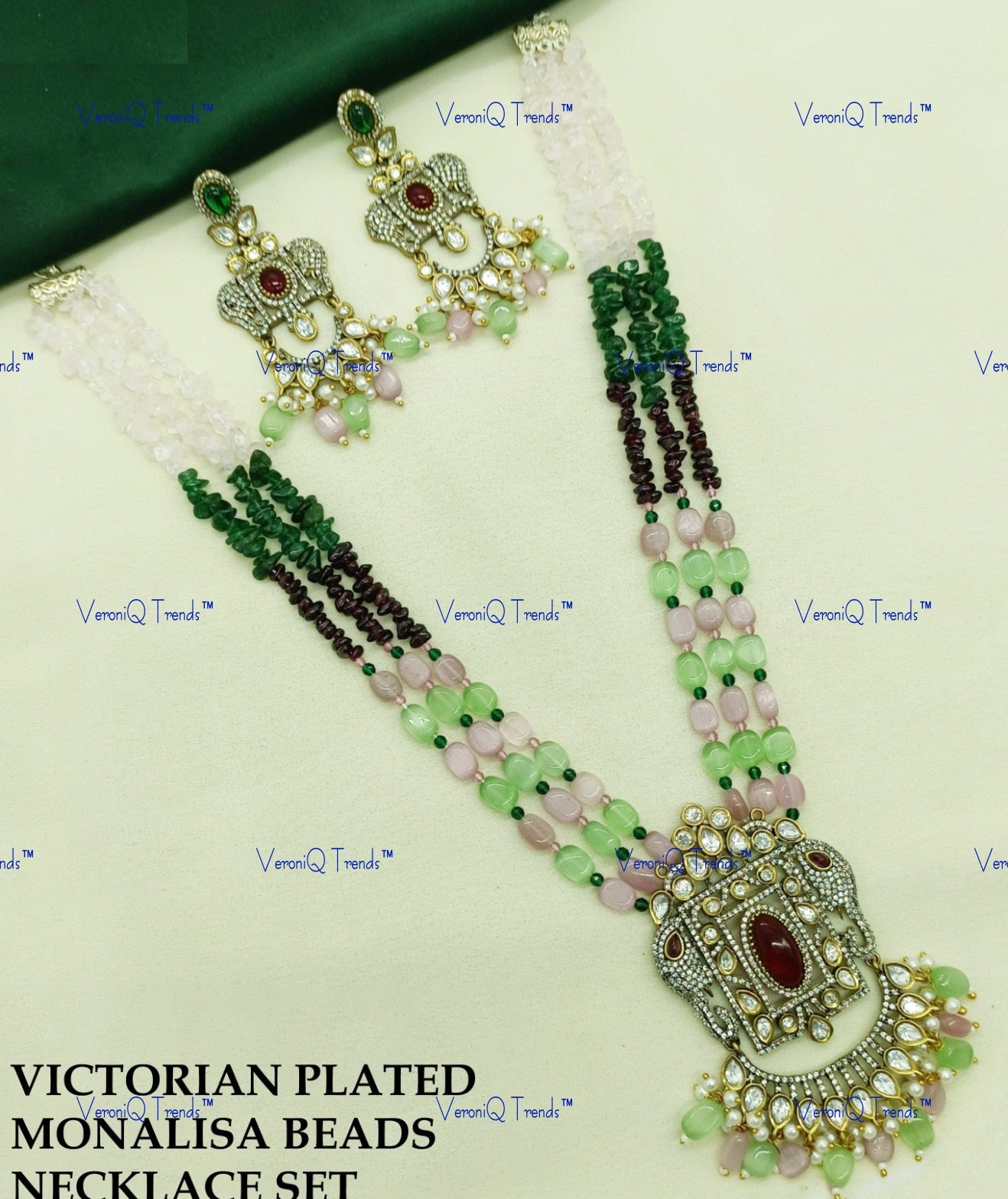 VeroniQ Trends-Victorian Multistrand Monalisa Beads Kundan Polki Long Necklace With Elephant Motif Polki-Gold Plated-Wedding Jewellery-Punjabi Jewellery-South Indian-Thappa Jewellery