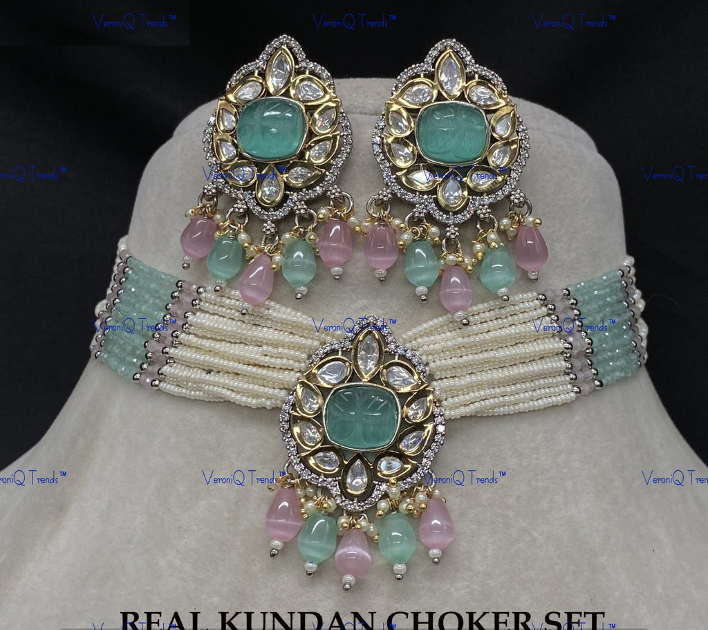 VeroniQ Trends-Victorian Multistrand Colored Stone Kundan Polki Choker Necklace Polki-Gold Plated-Wedding Jewellery-Punjabi Jewellery-South Indian-Thappa Jewellery