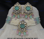 VeroniQ Trends-Victorian Multistrand Colored Stone Kundan Polki Choker Necklace Polki-Gold Plated-Wedding Jewelry-Punjabi Jewelry-South Indian-Thappa Jewelry