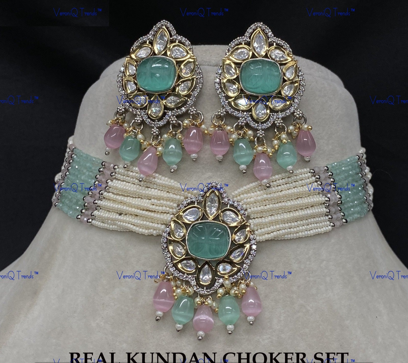 VeroniQ Trends-Victorian Multistrand Colored Stone Kundan Polki Choker Necklace Polki-Gold Plated-Wedding Jewellery-Punjabi Jewellery-South Indian-Thappa Jewellery