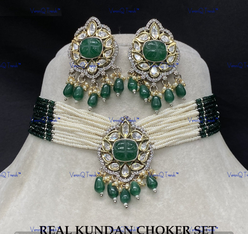 VeroniQ Trends-Victorian Multistrand Colored Stone Kundan Polki Choker Necklace Polki-Gold Plated-Wedding Jewellery-Punjabi Jewellery-South Indian-Thappa Jewellery