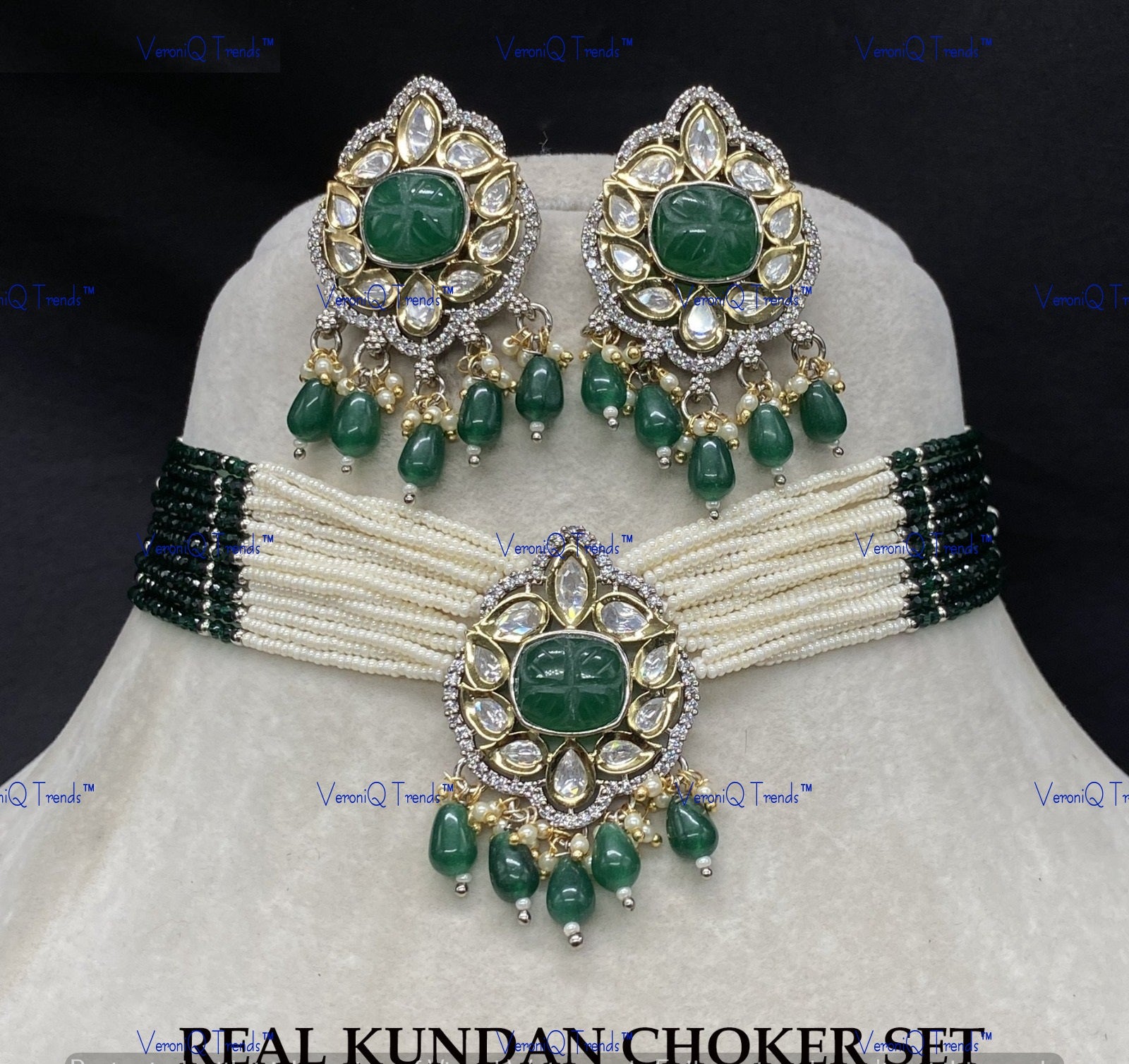 VeroniQ Trends-Victorian Multistrand Colored Stone Kundan Polki Choker Necklace Polki-Gold Plated-Wedding Jewellery-Punjabi Jewellery-South Indian-Thappa Jewellery