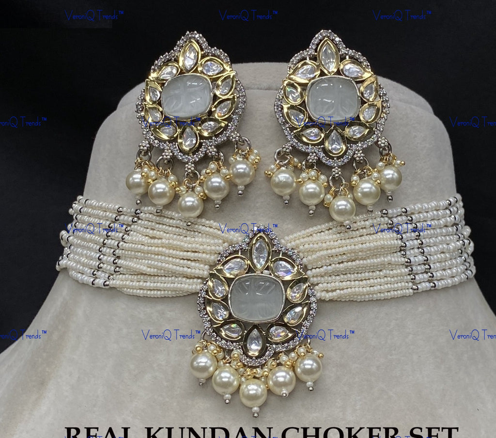 VeroniQ Trends-Victorian Multistrand Colored Stone Kundan Polki Choker Necklace Polki-Gold Plated-Wedding Jewellery-Punjabi Jewellery-South Indian-Thappa Jewellery