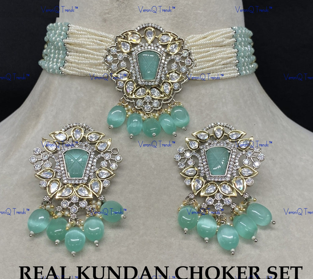VeroniQ Trends-Victorian Multistrand Colored Stone And Beaded Kundan Polki Choker Necklace Polki-Gold Plated-Wedding Jewellery-Punjabi Jewellery-South Indian-Thappa Jewellery