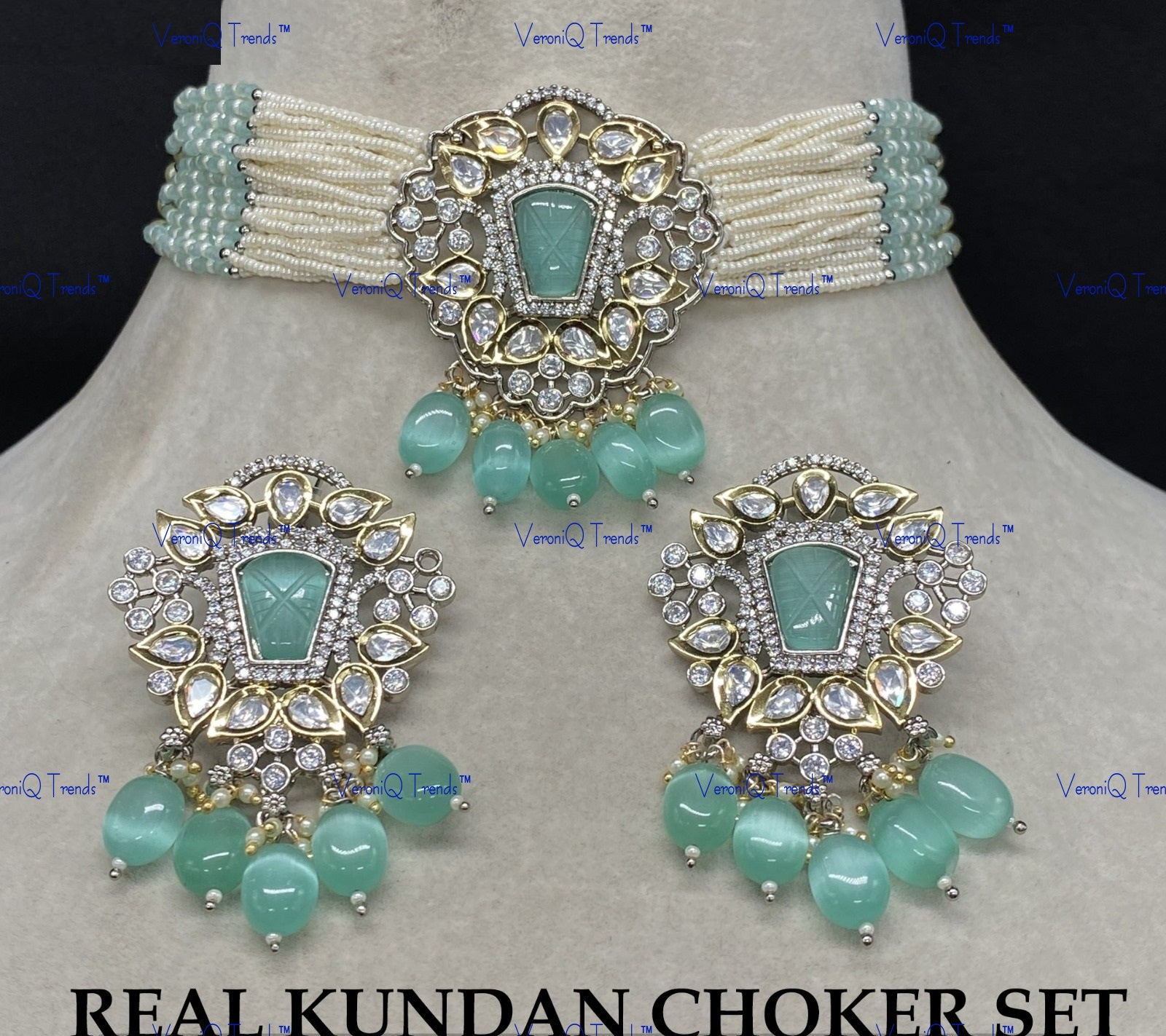 VeroniQ Trends-Victorian Multistrand Colored Stone And Beaded Kundan Polki Choker Necklace Polki-Gold Plated-Wedding Jewellery-Punjabi Jewellery-South Indian-Thappa Jewellery