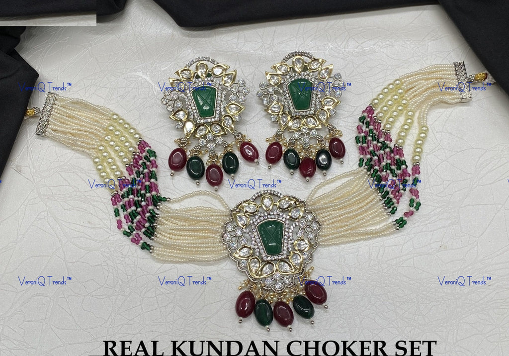 VeroniQ Trends-Victorian Multistrand Colored Stone And Beaded Kundan Polki Choker Necklace Polki-Gold Plated-Wedding Jewellery-Punjabi Jewellery-South Indian-Thappa Jewellery