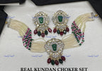 VeroniQ Trends-Victorian Multistrand Colored Stone And Beaded Kundan Polki Choker Necklace Polki-Gold Plated-Wedding Jewelry-Punjabi Jewelry-South Indian-Thappa Jewelry