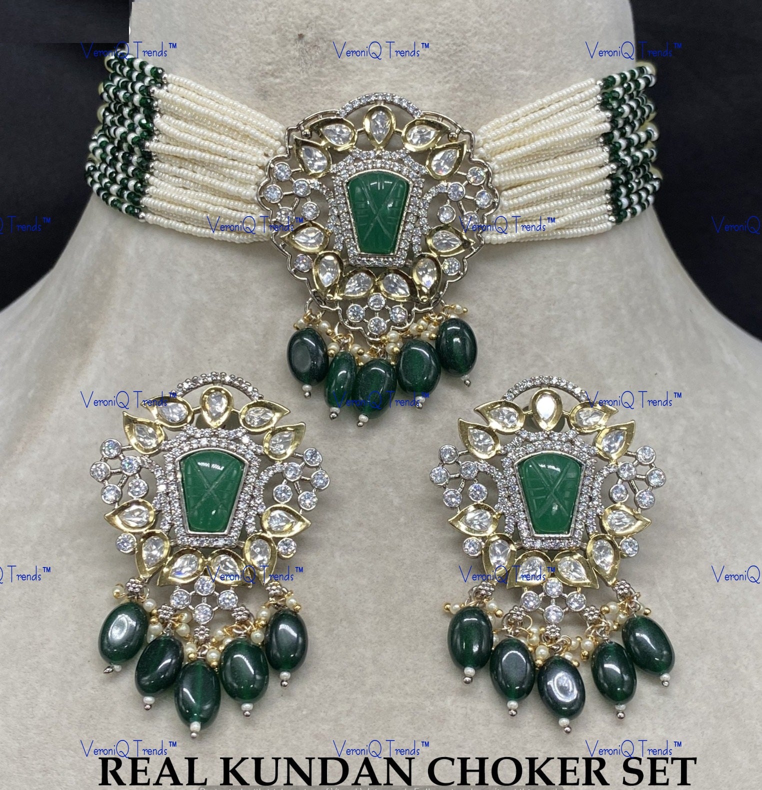 VeroniQ Trends-Victorian Multistrand Colored Stone And Beaded Kundan Polki Choker Necklace Polki-Gold Plated-Wedding Jewellery-Punjabi Jewellery-South Indian-Thappa Jewellery