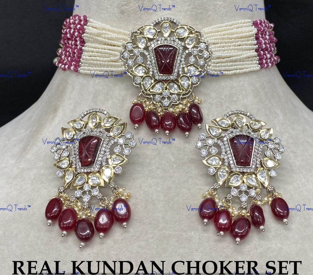 VeroniQ Trends-Victorian Multistrand Colored Stone And Beaded Kundan Polki Choker Necklace Polki-Gold Plated-Wedding Jewellery-Punjabi Jewellery-South Indian-Thappa Jewellery