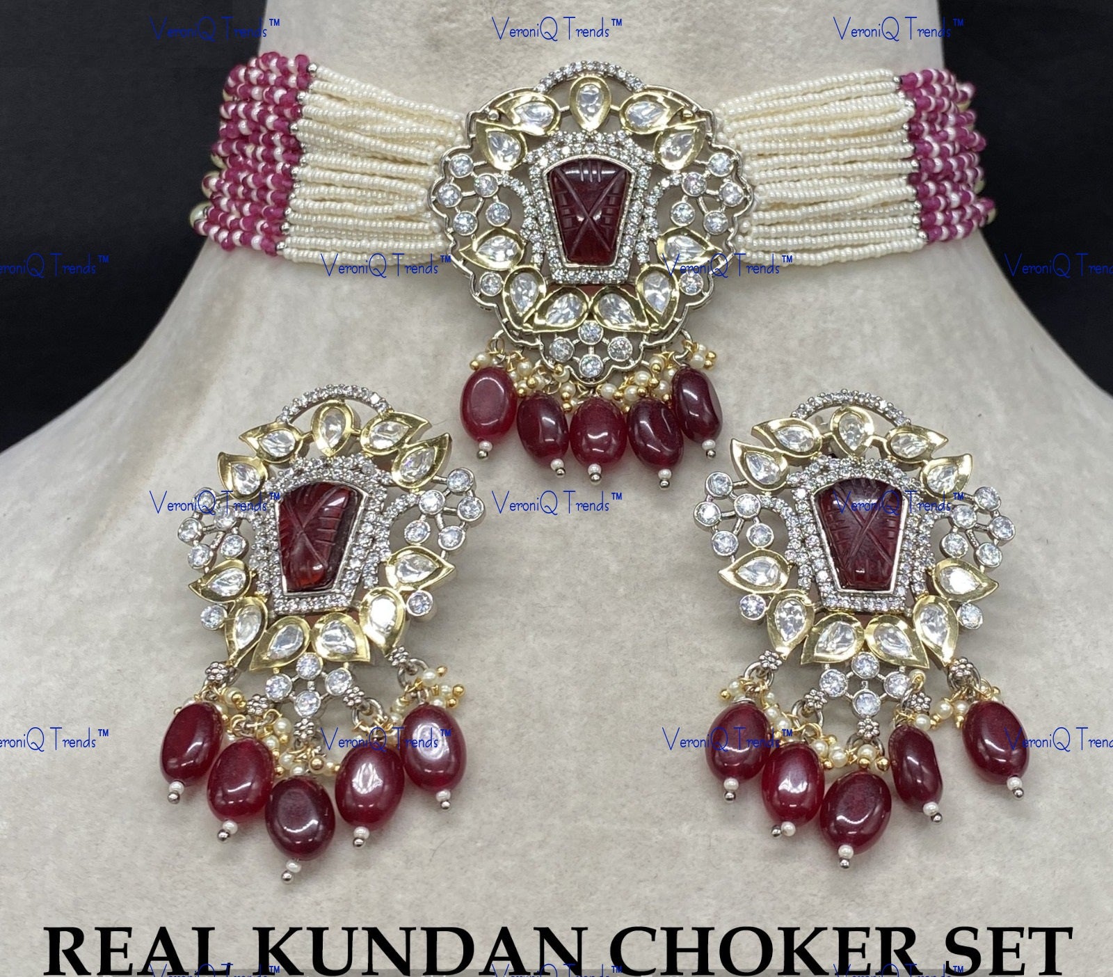 VeroniQ Trends-Victorian Multistrand Colored Stone And Beaded Kundan Polki Choker Necklace Polki-Gold Plated-Wedding Jewellery-Punjabi Jewellery-South Indian-Thappa Jewellery