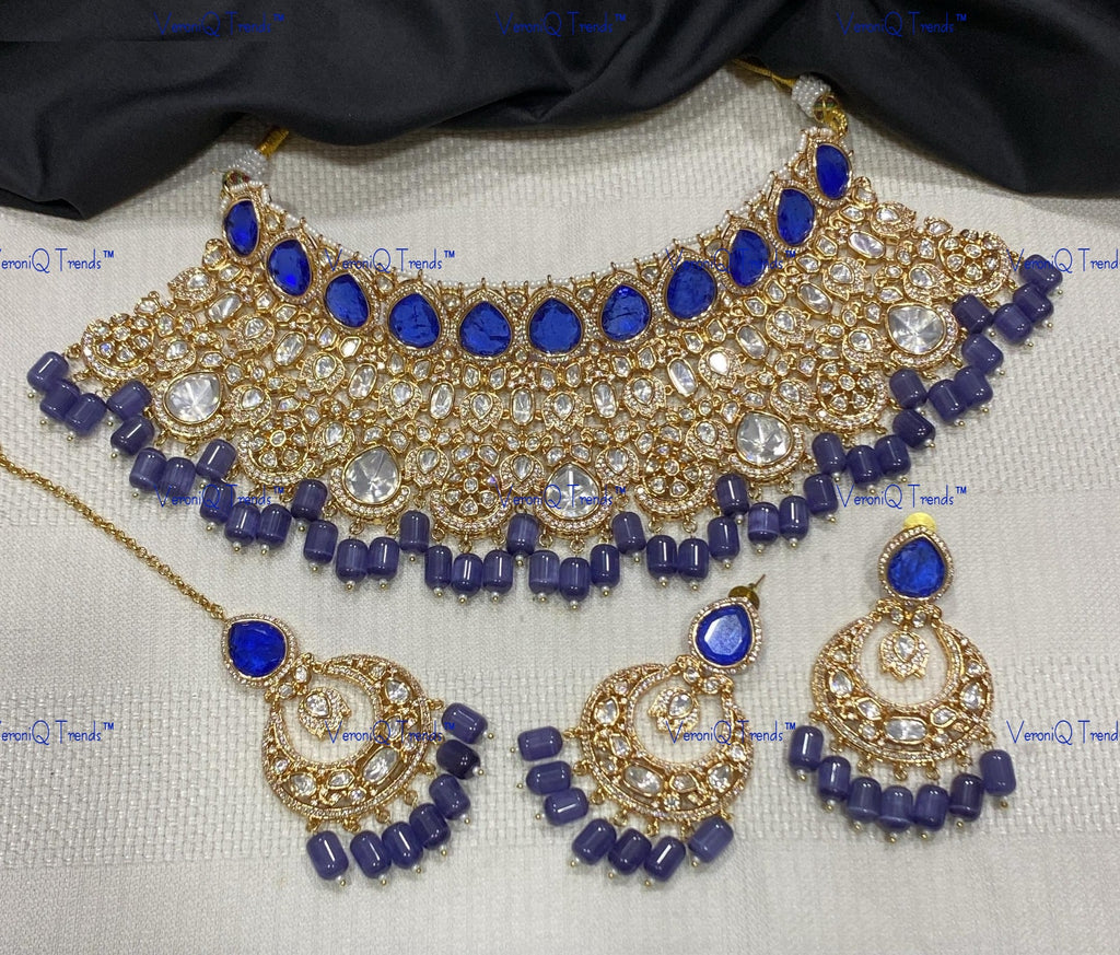 VeroniQ Trends-Jodha Akbar Style Bridal Kundan Polki Choker Necklace With Beads Polki-Gold Plated-Wedding Jewellery-Punjabi Jewellery-South Indian-Thappa Jewellery