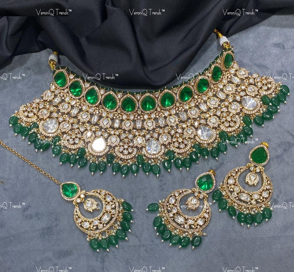 VeroniQ Trends-Jodha Akbar Style Bridal Kundan Polki Choker Necklace With Beads Polki-Gold Plated-Wedding Jewellery-Punjabi Jewellery-South Indian-Thappa Jewellery