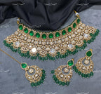 VeroniQ Trends-Jodha Akbar Style Bridal Kundan Polki Choker Necklace With Beads Polki-Gold Plated-Wedding Jewelry-Punjabi Jewelry-South Indian-Thappa Jewelry