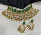 VeroniQ Trends-Jodha Akbar Style Bridal Kundan Polki Choker Necklace With Beads Polki-Gold Plated-Wedding Jewelry-Punjabi Jewelry-South Indian-Thappa Jewelry