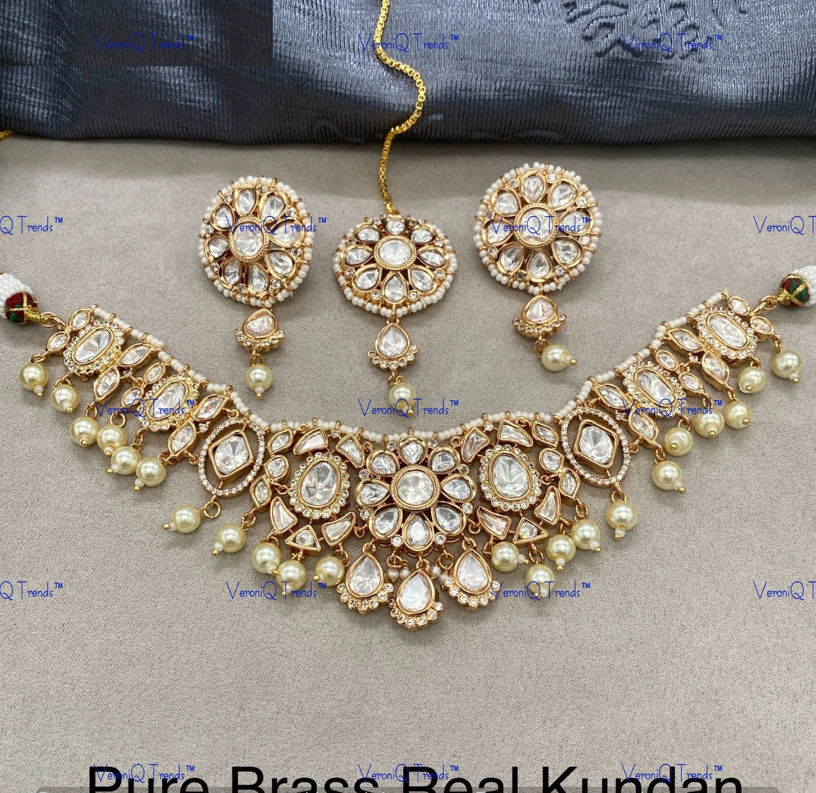 VeroniQ Trends-Traditional Kundan Polki Necklace With Earrings And Maang Tika Polki-Gold Plated-Wedding Jewellery-Punjabi Jewellery-South Indian-Thappa Jewellery