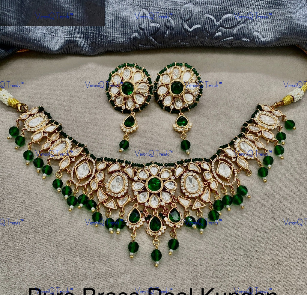 VeroniQ Trends-Traditional Kundan Polki Necklace With Earrings And Maang Tika Polki-Gold Plated-Wedding Jewellery-Punjabi Jewellery-South Indian-Thappa Jewellery