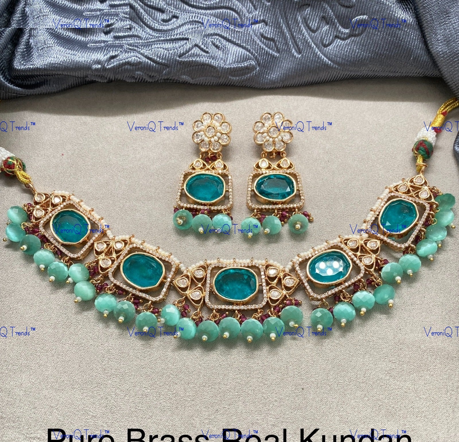 VeroniQ Trends-Turquoise Blue Kundan Polki Choker Necklace Polki-Gold Plated-Wedding Jewellery-Punjabi Jewellery-South Indian-Thappa Jewellery
