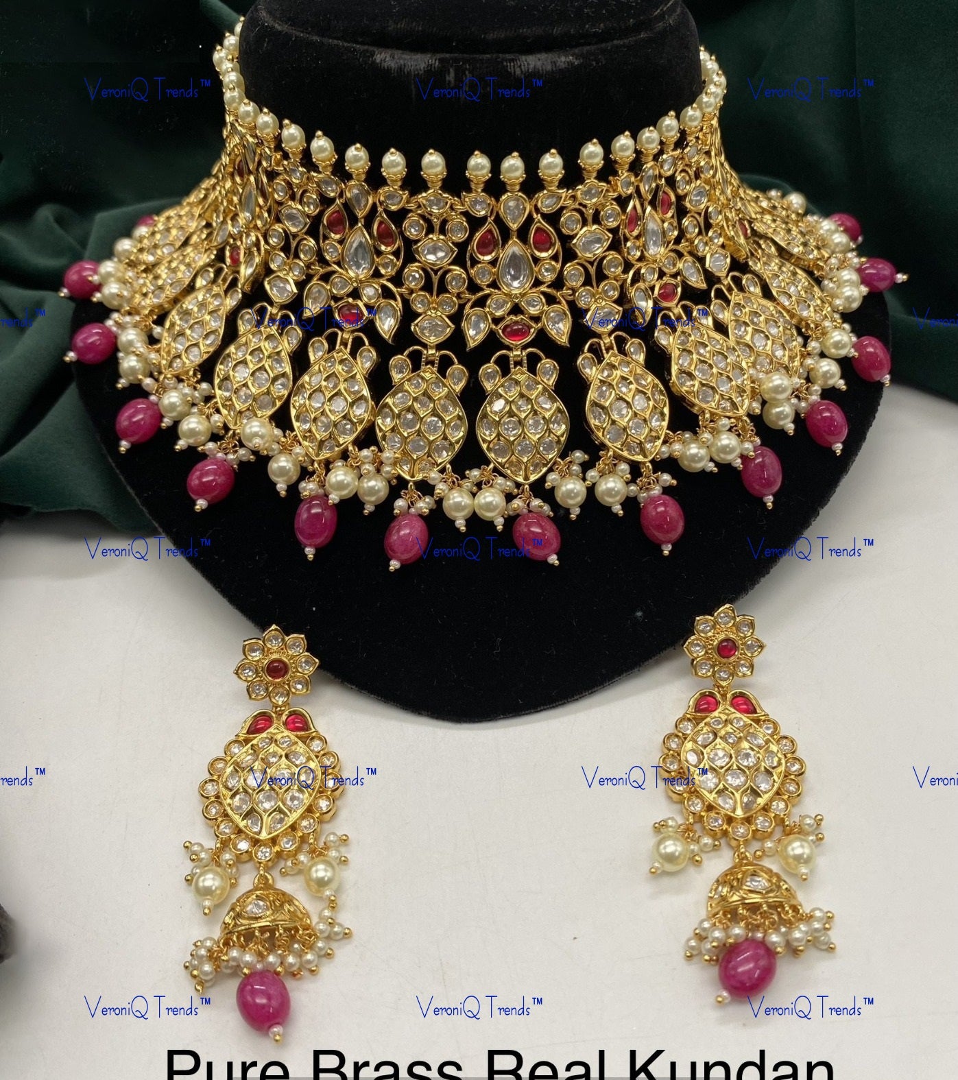VeroniQ Trends-Royal Bridal Gold Plated Kundan Polki Choker Necklace With Ruby Pink Beads Polki-Gold Plated-Wedding Jewellery-Punjabi Jewellery-South Indian-Thappa Jewellery