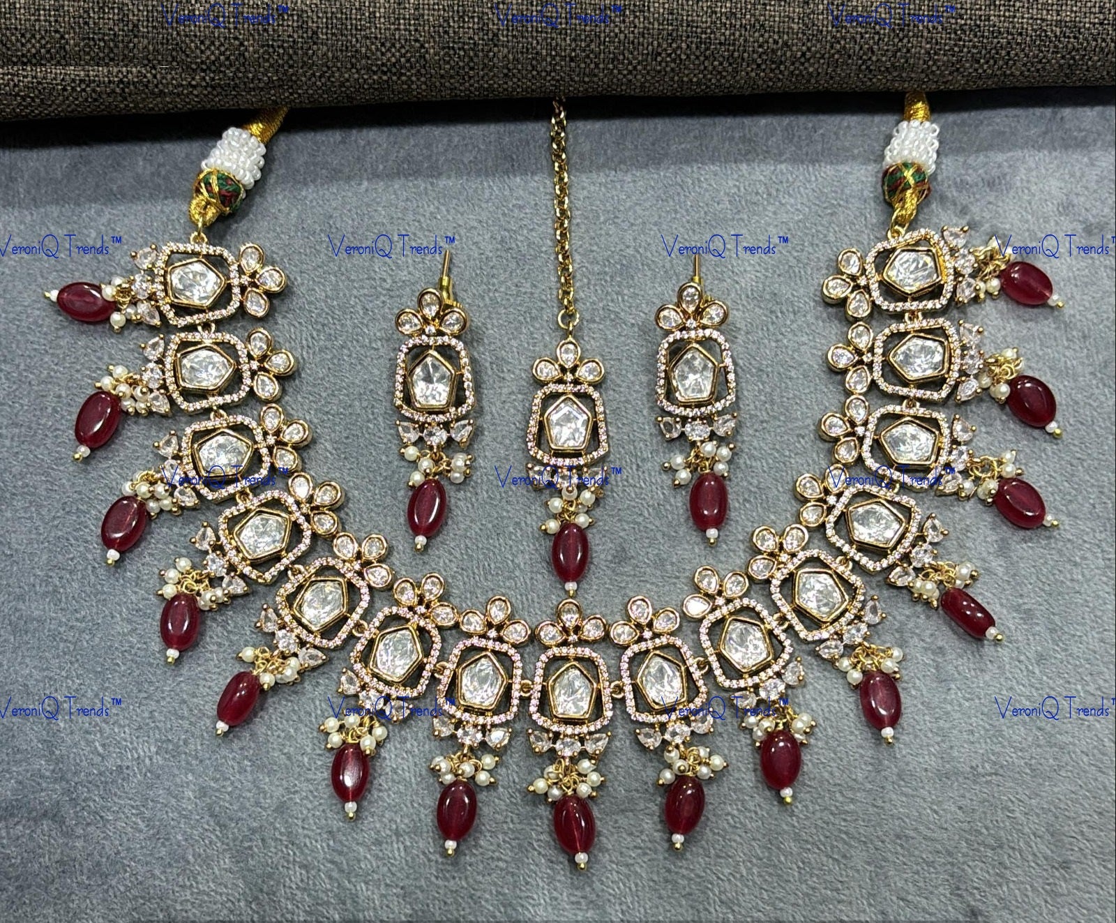 VeroniQ Trends-Traditional Gold Plated Kundan Polki Necklace With Red Beads Polki-Gold Plated-Wedding Jewellery-Punjabi Jewellery-South Indian-Thappa Jewellery