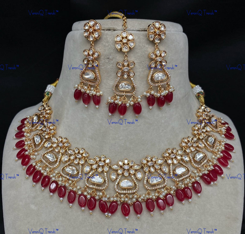 VeroniQ Trends-Traditional Gold Plated Kundan Polki Necklace With Beads Polki-Gold Plated-Wedding Jewellery-Punjabi Jewellery-South Indian-Thappa Jewellery
