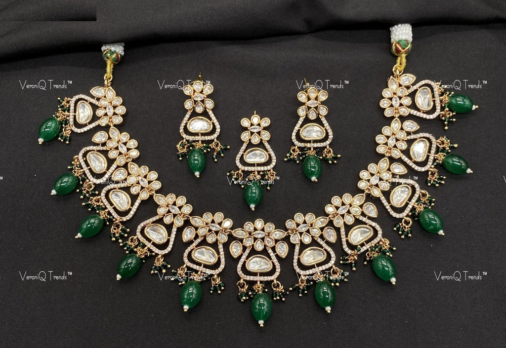VeroniQ Trends-Traditional Gold Plated Kundan Polki Necklace With Beads Polki-Gold Plated-Wedding Jewellery-Punjabi Jewellery-South Indian-Thappa Jewellery