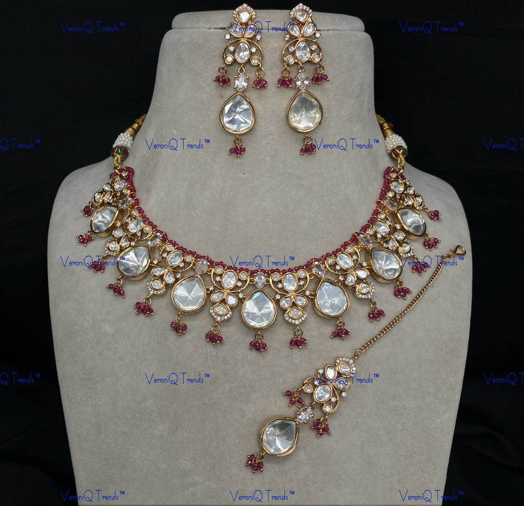 VeroniQ Trends-Traditional Bridal Beaded Kundan Polki Necklace Polki-Gold Plated-Wedding Jewellery-Punjabi Jewellery-South Indian-Thappa Jewellery