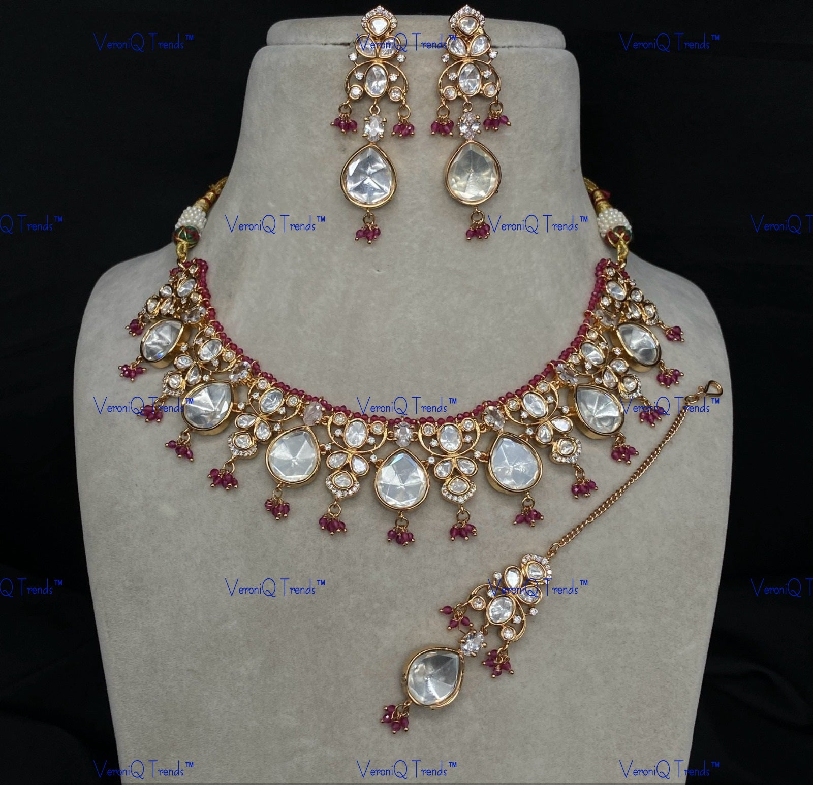 VeroniQ Trends-Traditional Bridal Beaded Kundan Polki Necklace Polki-Gold Plated-Wedding Jewellery-Punjabi Jewellery-South Indian-Thappa Jewellery