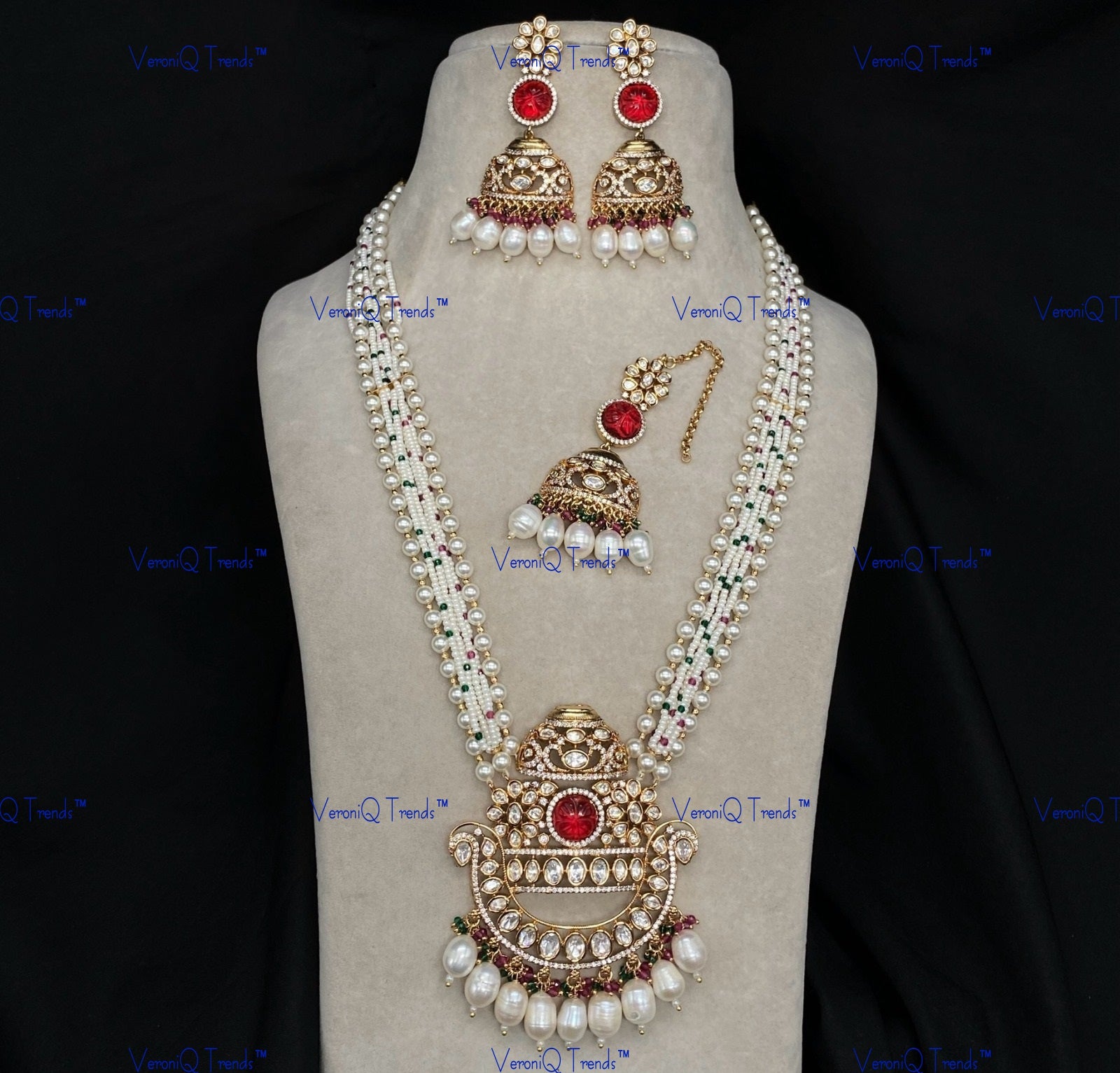 VeroniQ Trends-Traditional Bridal Temple Design Pearl And Kundan Polki Long Necklace Polki-Gold Plated-Wedding Jewellery-Punjabi Jewellery-South Indian-Thappa Jewellery